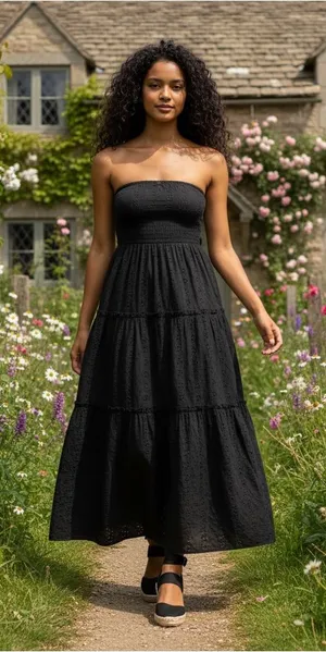 Cottagecore Old Navy Women’s Black Strapless Tiered Eyelet Maxi Dress Prairie thumbnail 1