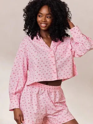 LOUNGE Pajama Set Cropped Button Up Shorts Pink Ditsy Floral Cotton XL thumbnail 1