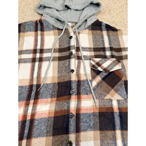 Cabincore Plaid Hooded Shacket Brown Cream Button Front Cozy Rustic L NWT thumbnail 9