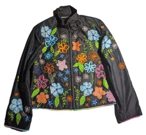 Vtg Y2K Black Colorful Floral Embroidered Silk Full Zip Windbreaker Jacket Sz M thumbnail 1