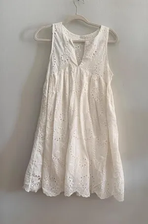 White Eyelet Cotton Dress with Floral Embroidery thumbnail 1