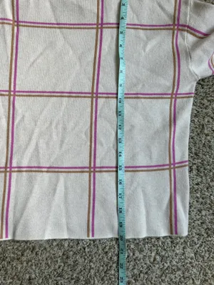 Tahari Cream Plaid Mock Neck Sweater with Pink Trim Fall Pastel Preppy Small thumbnail 6