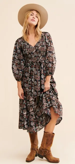 Cleobella Carly Paisley Dress Smocked Pockets XL Avalon Black thumbnail 1