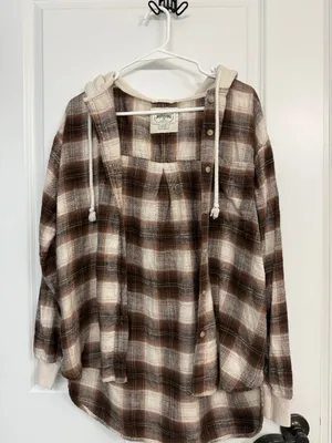 American Eagle Brown Plaid Hooded Flannel Shacket Women’s Small thumbnail 3