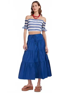 Staud Lucca Tiered Maxi Skirt Drawstring Nylon Cobalt Blue Women Size Small NWT thumbnail 3