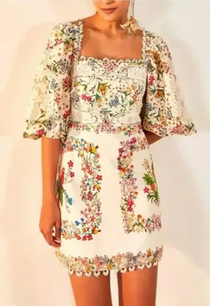 Farm Rio Delicate Forest Scarves Bonded Lace Linen-Blend Mini Dress Size Small thumbnail 1