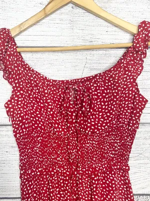 Red & White Polka Dot Smocked Sleeveless Mini Dress with Ruffle Hem Size Small thumbnail 5