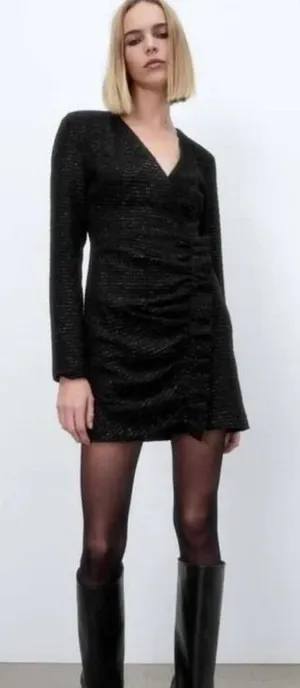 Zara Dress Size Womens Textured Mini‎ Weave Tweed Black Blazer Ruffle Dress M thumbnail 1