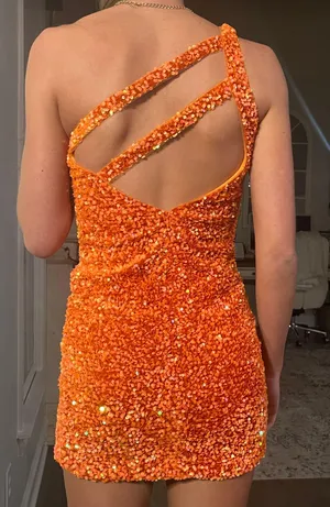 Beautiful sequined orange HOCO dress. Size 2. thumbnail 2