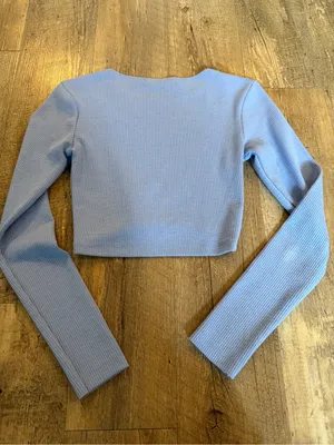 Zara Pastel Blue Ribbed Long-Sleeve Crop Top thumbnail 3
