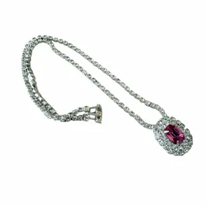 Vintage Fuchsia Pink Clear Rhinestone Halo Pendant Necklace thumbnail 7