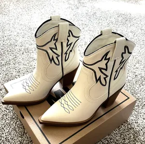 White Cowboy Booties With Black Stitching Size 6 thumbnail 1