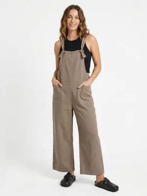 Miou Muse Taupe Linen-Blend Wide-Leg Overalls - Size M Women’s thumbnail 10