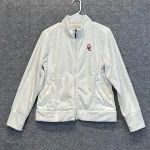 OU Jacket Women's Large White Full‎ Zip Oklahoma University Logo Faux Fur Soft thumbnail 3