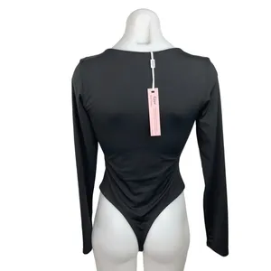 Qinsen Women's Black V-Neck Long Sleeve High Cut Leg One Piece Bodysuit Size M thumbnail 2
