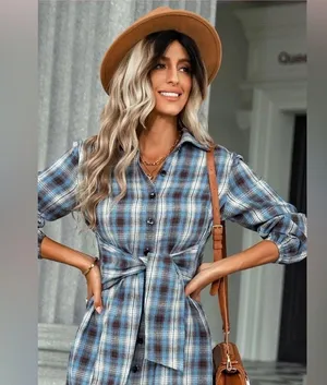 Blue Plaid Flannel Button Front Shirt Dress with Sash Front Tie Casual Western thumbnail 7