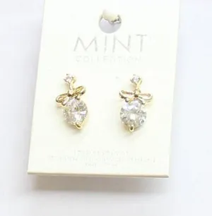 NWT Mint Womens Fashion Bow Ribbon Elegant Post Drop Earrings Gold / Clear .50" thumbnail 1