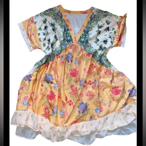 Boho Patchwork Floral Prairie Dress L Cottagecore Babydoll Ruffle Hem Pockets thumbnail 2