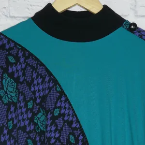 Vintage 80s Purple & Teal Houndstooth Rose Sweater thumbnail 7