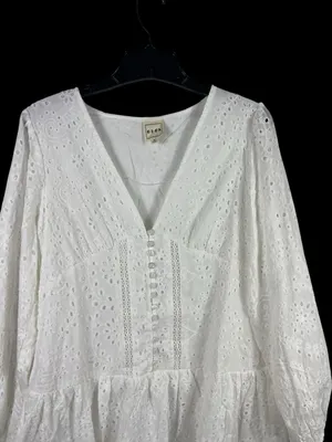 CIEN White Eyelet Button Babydoll Mini Dress M V-Neck Long Sleeve Cottagecore thumbnail 4