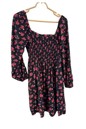 Old Navy Black Long-Sleeve Floral Square-Neck Dress smocked L dark romance thumbnail 1