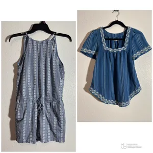 Madewell Size XS Embroidered Blue Chambray Square Neck Top & Sleeveless Romper thumbnail 2