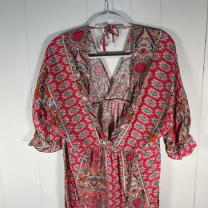 Elings Women’s XL Pink Boho Paisley Print V Neck Mini Dress thumbnail 2