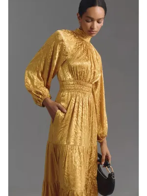 NWT by Anthropologie The Somerset Maxi in Yellow Satin Mock-Neck Edition Dress M thumbnail 2