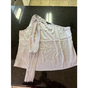 Boston Proper charmeuse‎ fringe one shoulder blouse Silver Shirt Boho Top Zip thumbnail 7