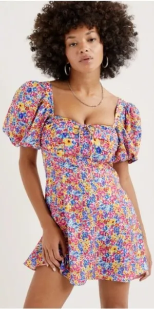 For Love & Lemons Sasha Dress Womens Large Multicolor Floral Puff Sleeve Mini thumbnail 1