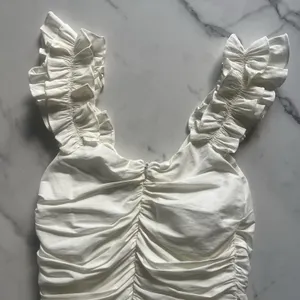 Zara Ruffle Strap Ruched Linen Blend Dress Off White Cream Medium Coastal thumbnail 8