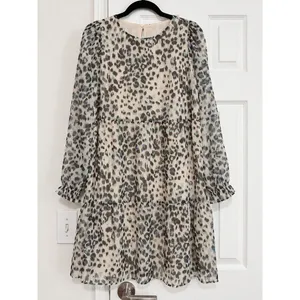 LOFT Leopard Print Metallic Chiffon Tiered Mini Dress Puff Sleeve NWT M thumbnail 2