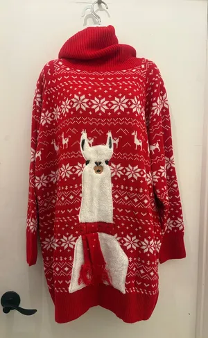 Cozy Christmas Red Cowl Neck Llama Knit Sweater Dress size L new thumbnail 1