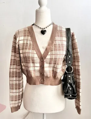Love Tree Brown Plaid Cardigan Cottagecore Academia‎ Retro Preppy Vintage Inspired Large thumbnail 1
