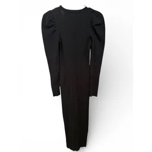 Express‎ Womens Black Ribbed Knit Puff Shoulder Gold Button Midi Dress Small thumbnail 3