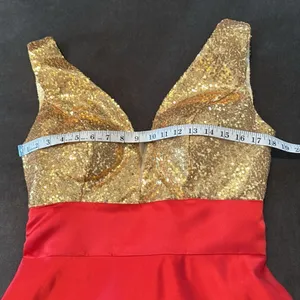Women’s Gold Sequined Deep V-Neck Red Satin Full Length Prom Party Dress Size M thumbnail 10