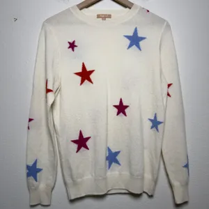 Kier + J Women 100% Cashmere Sweater‎ Medium White Novelty Star Celestial thumbnail 1