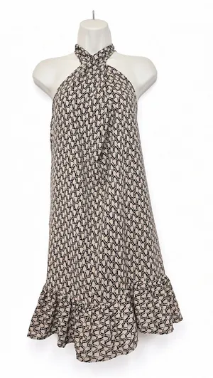 EMERY ROSE Size S Halter Mini Dress Beige Black Geometric Print Ruffle Hem thumbnail 1