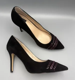 White House | Black Market High Heels Size 8 Black Suede Olivia Whipstitch Purple Braided Pumps Gothic thumbnail 1