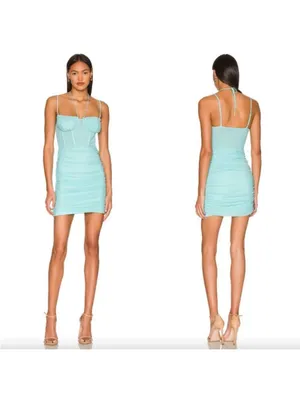 NWT Showpo Riley Ruched Mini Dress in Teal Size S thumbnail 2