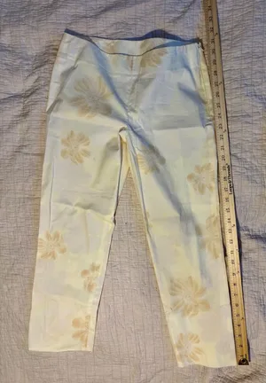 DKNY Womens Floral Print Cropped Pants Cream Tan Side Zip Stretch Trousers thumbnail 1