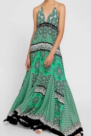 Alice & Olivia Alette Halter Maxi Dress Green‎ New Size 12 NWT Bandana Print thumbnail 1