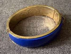 Blue & Gold Wide Bangle Fashion Bracelet Hinged Chain Closure - Costume Jewelry thumbnail 1