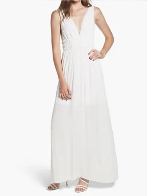 White V-Neck Smocked Waist Flowing Sophisticated Sleeveless Maxi Dress thumbnail 3