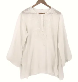 Boho Embroidered Sequin Chiffon Sheer Tunic Top‎ Womens Size L Cream Festival thumbnail 1