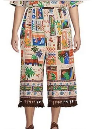 Sugarlips Postcard Print Wide Leg Crop Pants Tassel Hem Mediterranean Vacation thumbnail 1