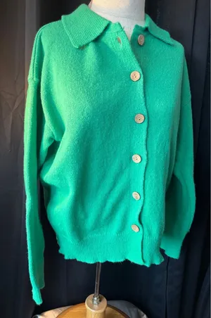 Noracora Green Button Up Cardigan Sweater Polo Collar Size S thumbnail 1