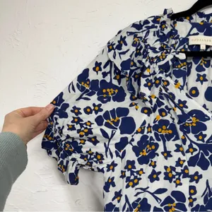 Cabellero Blue White Floral Silk Blend Blouse Womens L Puff Sleeve Boho Shirt thumbnail 10