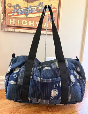 Artisan Quilted Patchwork Indigo Duffel Weekender Bag Large Blue Boho Style‎ thumbnail 1