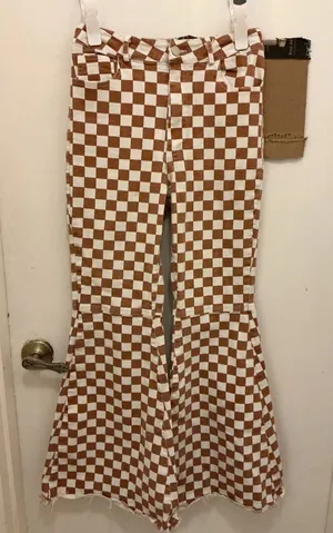 Blue B Collection Size L Brown and White Checkered Flare Pants thumbnail 1